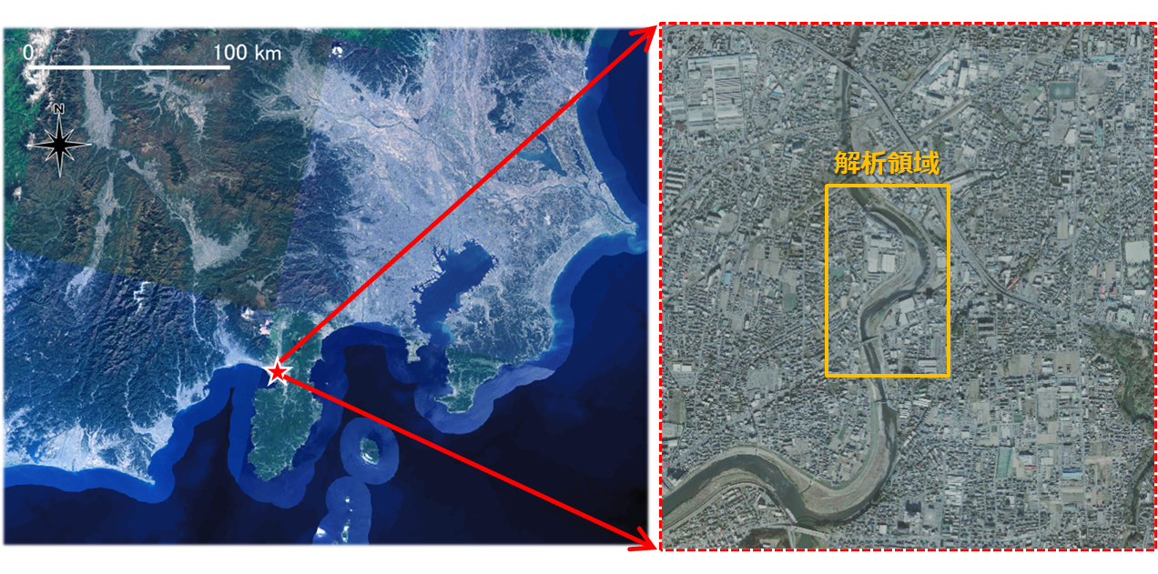 黄瀬川解析対象領域(左:GoogleMap、右:国土地理院)